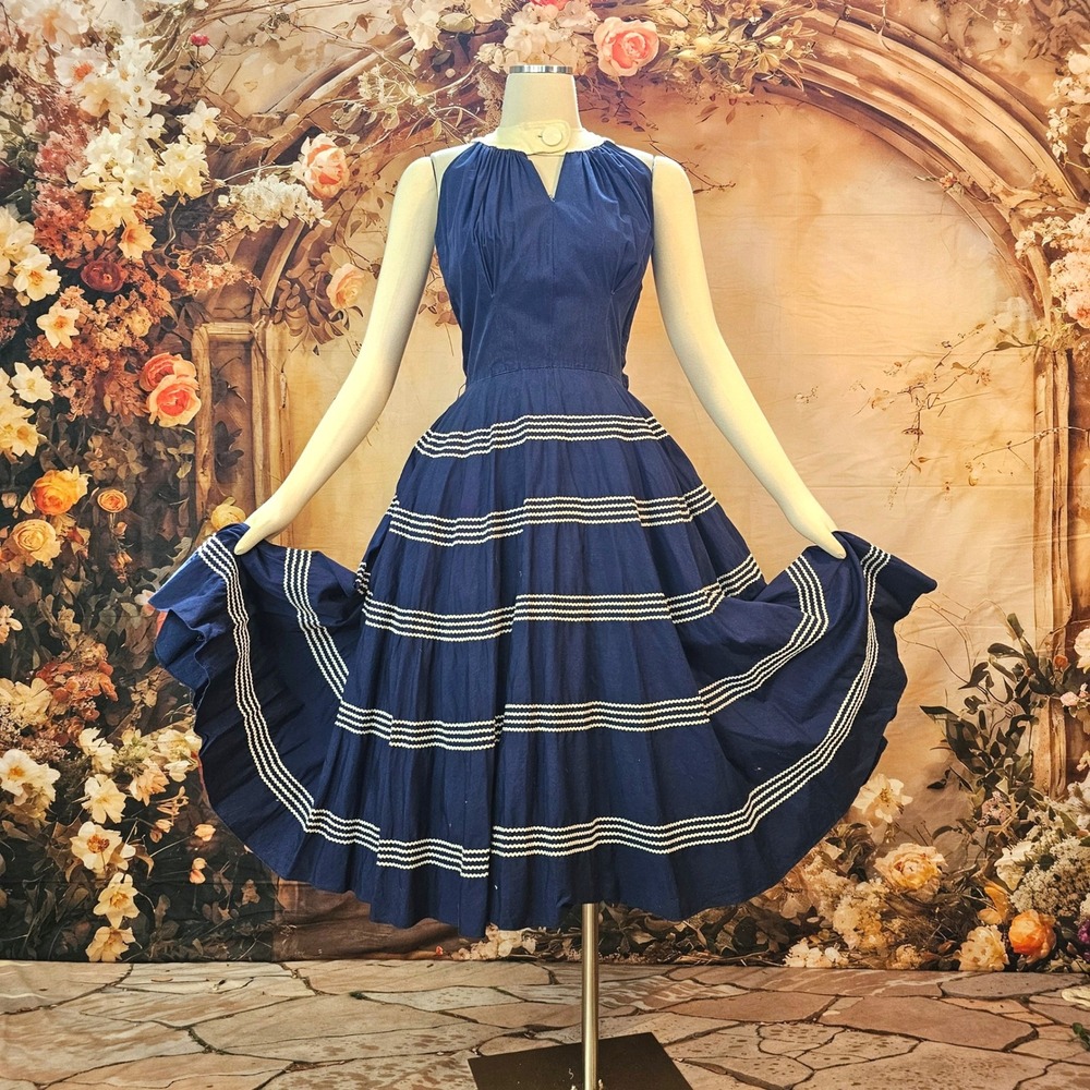 Vintage 1950s Daryl Navy Blue Rick Rack Swing Dress Rockabilly Halter Full Skirt